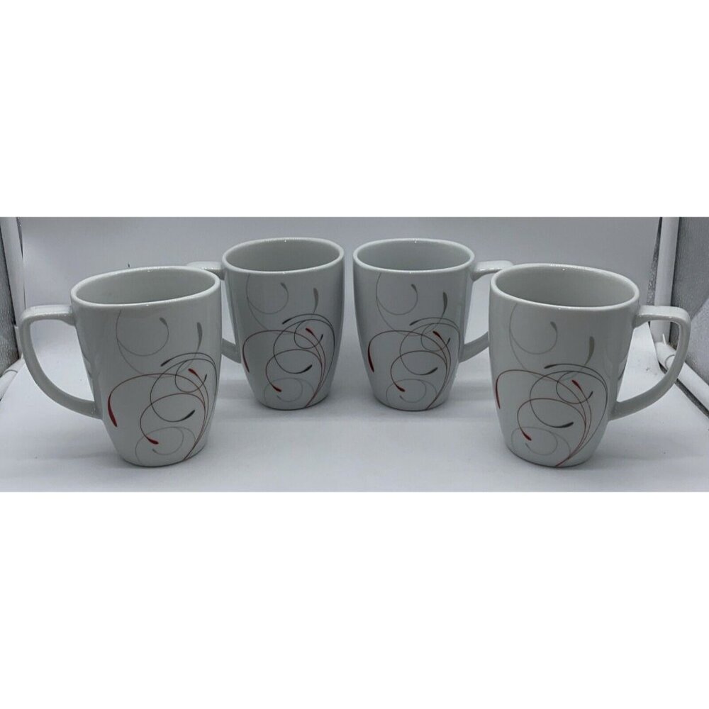 Corelle Coordinates Splendor Mugs Red Gray Swirls Set 4 Coffee Cups Mugs